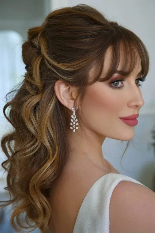 Cabello de boda a medias con flequillo