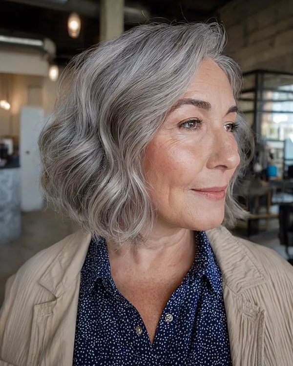 Peinados Corto Ondulado Cabello Gris para mujeres