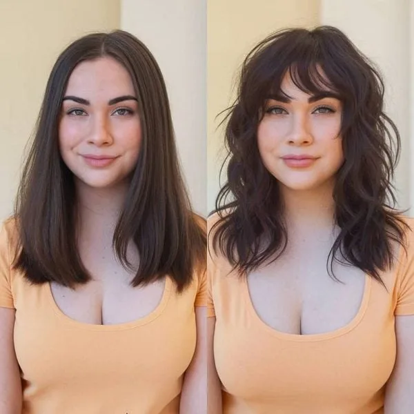 Peinados de Cabello Ondulado con Flequillo para Mujeres con Cara Redonda